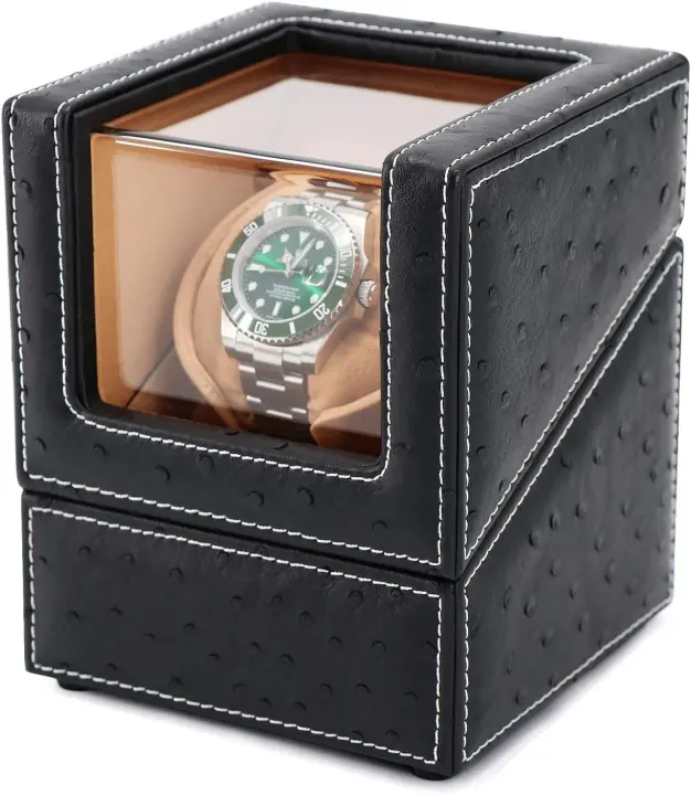 Automatic Single Watch Winder — Black Ostrich-Effect Leather
